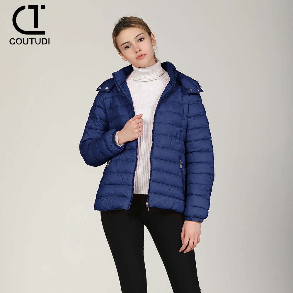 COUTUDI-Hooded Puffer Jacket for Women, Lightweight Warm Down Coat, Full Zip Up, Casual Female Windbreaker, Winter Outwear