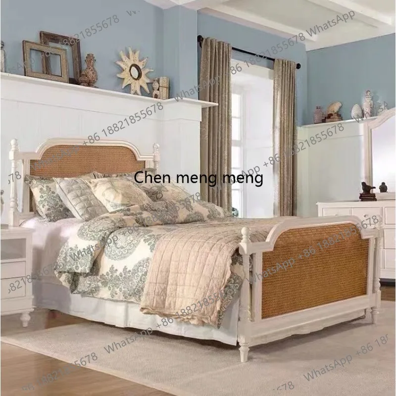 

French retro rattan double bed American solid wood master bedroom wedding bed 1.8 meters