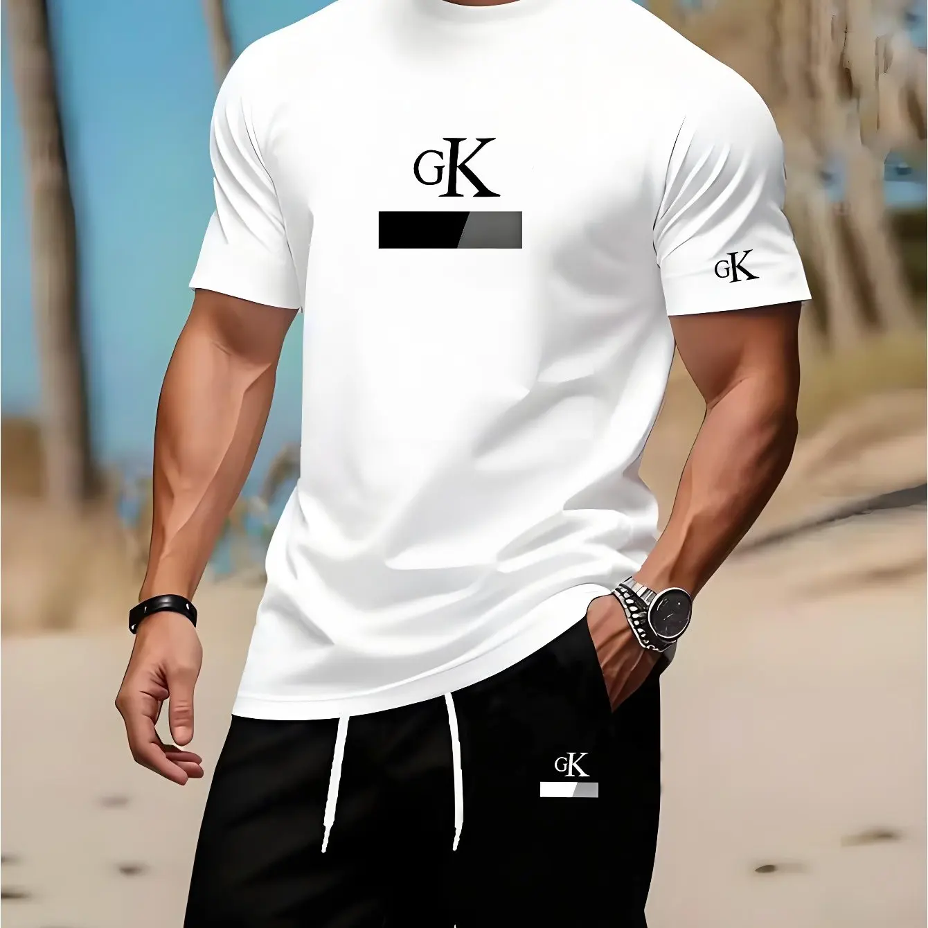 

Men's Casual T-shirt GK Letter Print O-neck Short Sleeve Breathable Streetwear Tops Summer Fashion Tees for Men