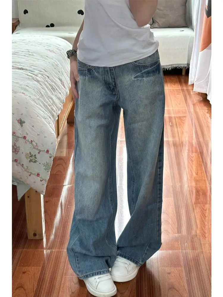 여성용 하이웨이스트 스플라이싱 아메리칸 패션 스택드 러플 플리츠 드레이프 스플릿 슬릿 비대칭 디테일 사이드 데님