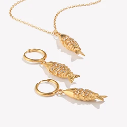 E.B.belle Rhinestone Koi Fish Necklace Earring Jewelry Set Stainless Steel Cute Fashion Animal Charm Waterproof 18K Gold Plated
