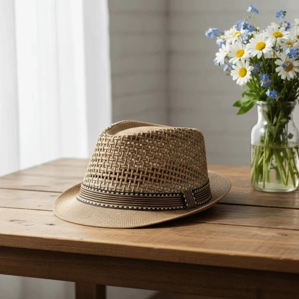 

Мужская панама с короткими полями для живых выступлений, легкая, дышащая, из плетеной соломки, с вырезами, солнцезащитная, для отпуска, пляжа, карнавала