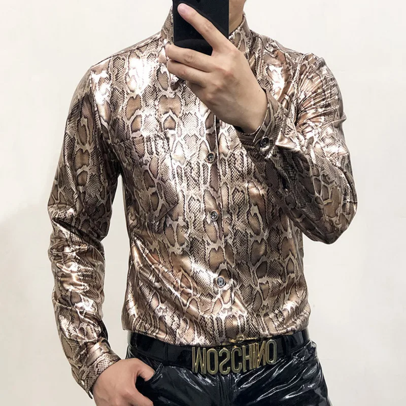 Camisa con estampado de serpiente dorada para hombre, camisa Sexy de Boutique con estampado de leopardo, Cara de alto brillo, ajustada, gran club