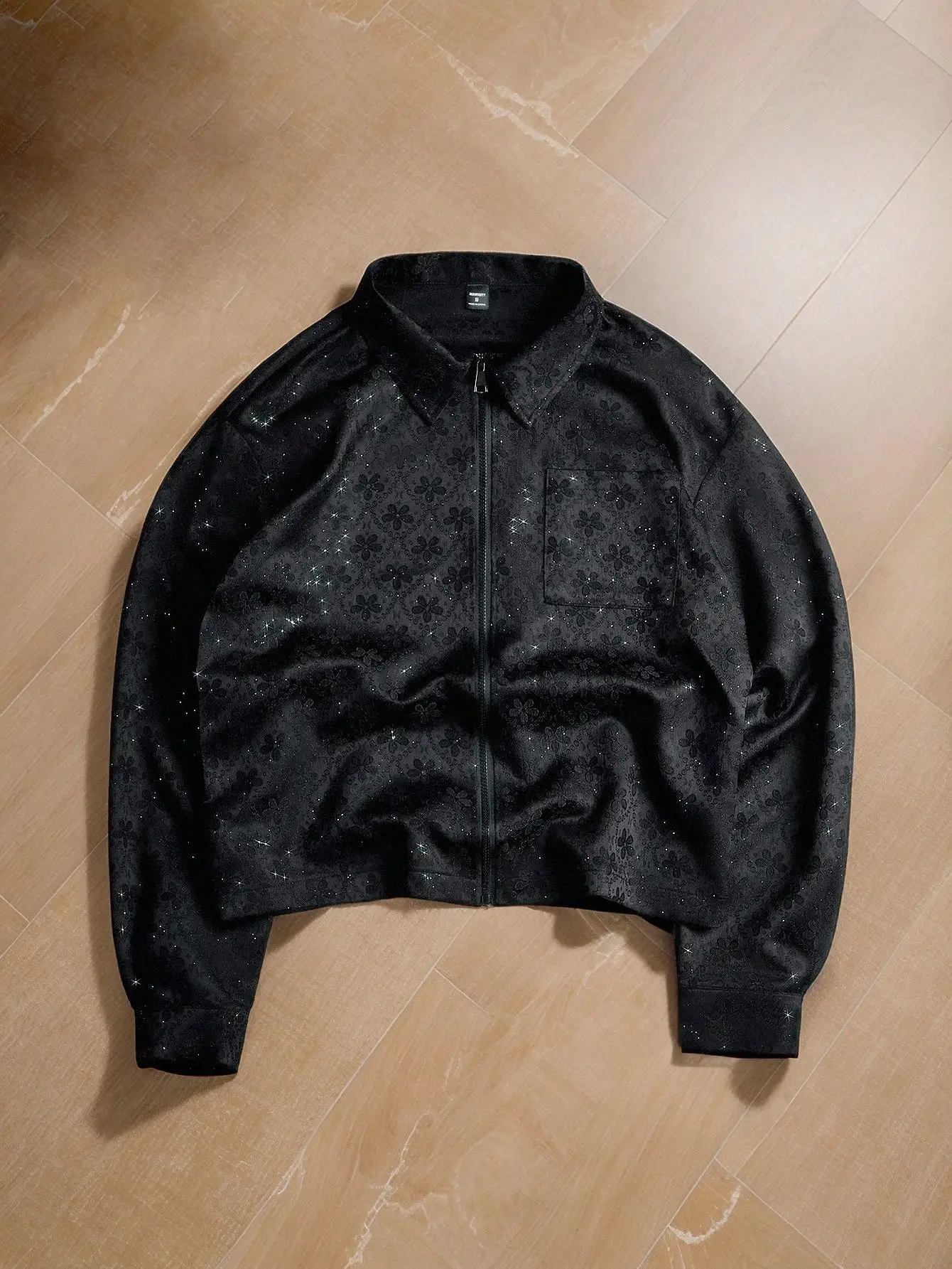 

Men's Black Floral Jacquard Zip-Up Shirt with Rhinestone Detail, Casual Long Sleeve Top