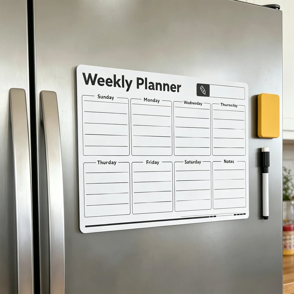 Magnetic Dry Erase Weekly Planner for Fridge, Kitchen Meal Schedule Board with Grocery List & To-Do Goals, Household Daily Organ