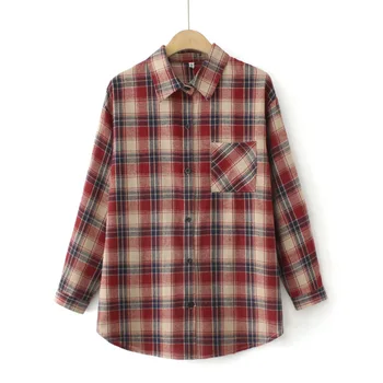 רופף באורך בינוני חולצה משובץ מוברש נשים בתוספת גודל סתיו חורף בגדים מזדמנים כיס יחיד טיפת חולצות טיפה שרוול צמרות