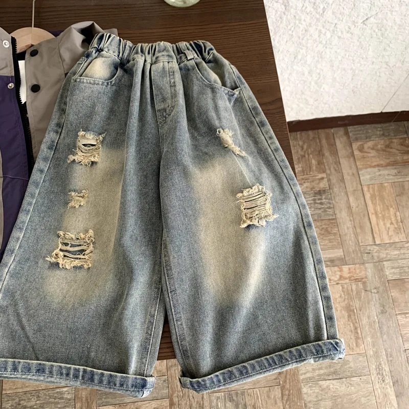 Children's Ripped Jeans 2025 Autumn New Boys and Girls Straight Old Versatile Spring and Autumn Boys Trousers