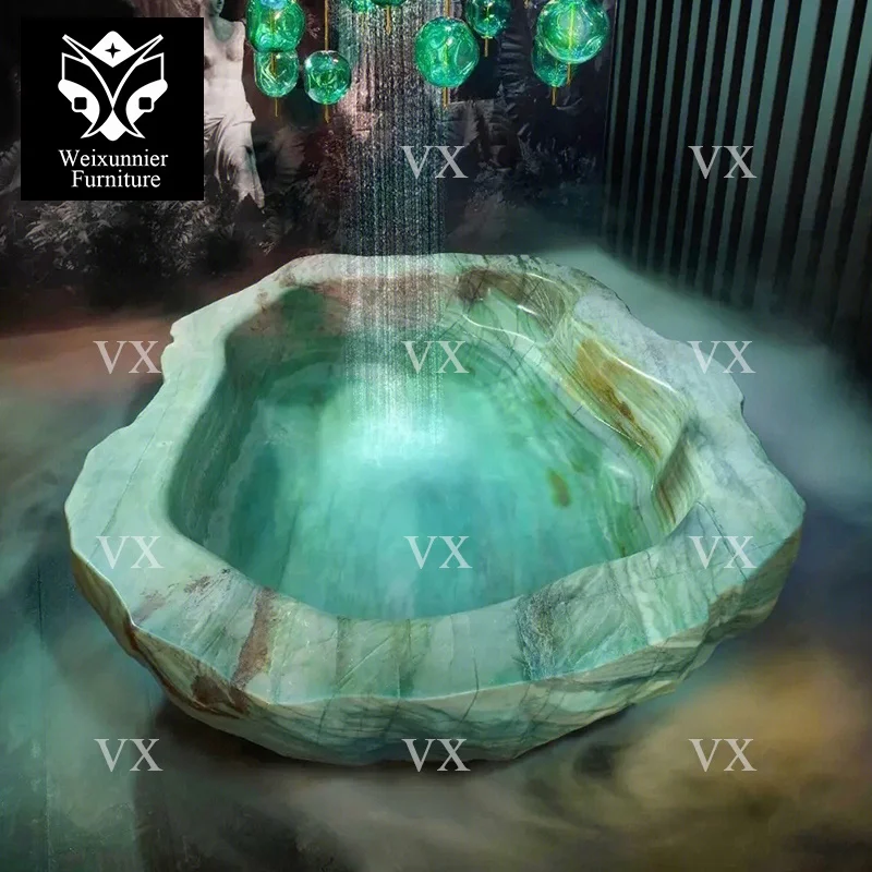 Luxury Stone Baths,Villa High-End Luxury  standing Bathtub Modern Green Solid Marble Hand-Carved Natural Stone For Home Decor
