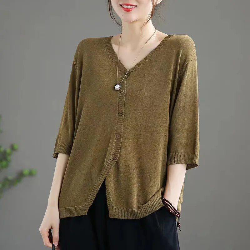 Ice Silk New Mid sleeved Knitted Cardigan Sun Protection Clothing for Women Loose and Versatile Literary Korean Edition Slimming