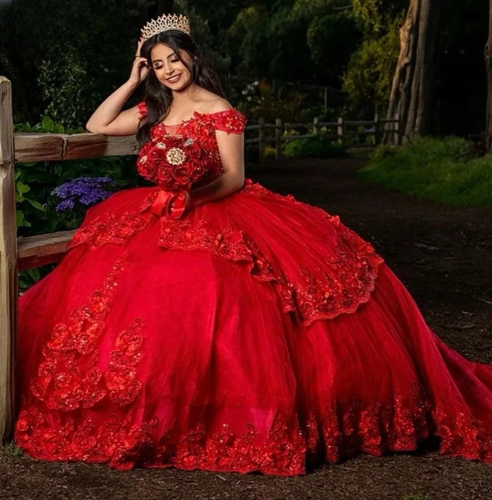 Rode Prinses Quinceanera Jurken Baljurk Van De Schouder Appliques Sweet 16 Jurken 15 Años Mexicaans