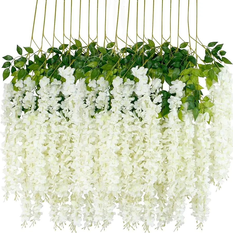 

12Pcs Artificial Wisteria Flowers 3.6 Feet/Piece White Dense Artificial Fake Wisteria Vine Ratta Hanging Garland Silk Flowers St