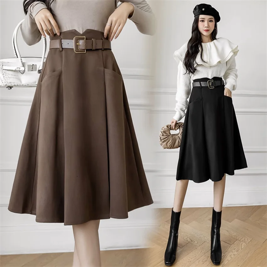 Gowyimmes 2023 New Autumn Winter Big Size All-match Women A-line Skirt Casual Lady High Waist Skirts Outwear Mujer Midi PD1645