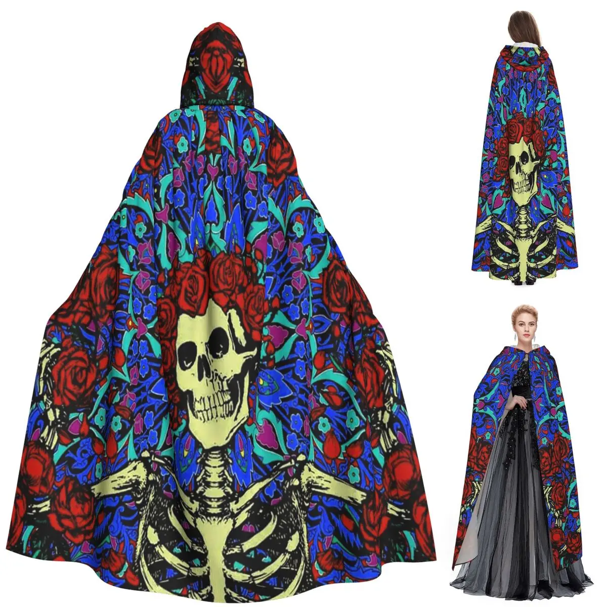 يوم ممتن من الموتى الورود الهيكل العظمي الجمجمة طويلة مقنعين عباءة الساحرة القرون الوسطى زي تأثيري كيب هالوين معطف الكبار للجنسين