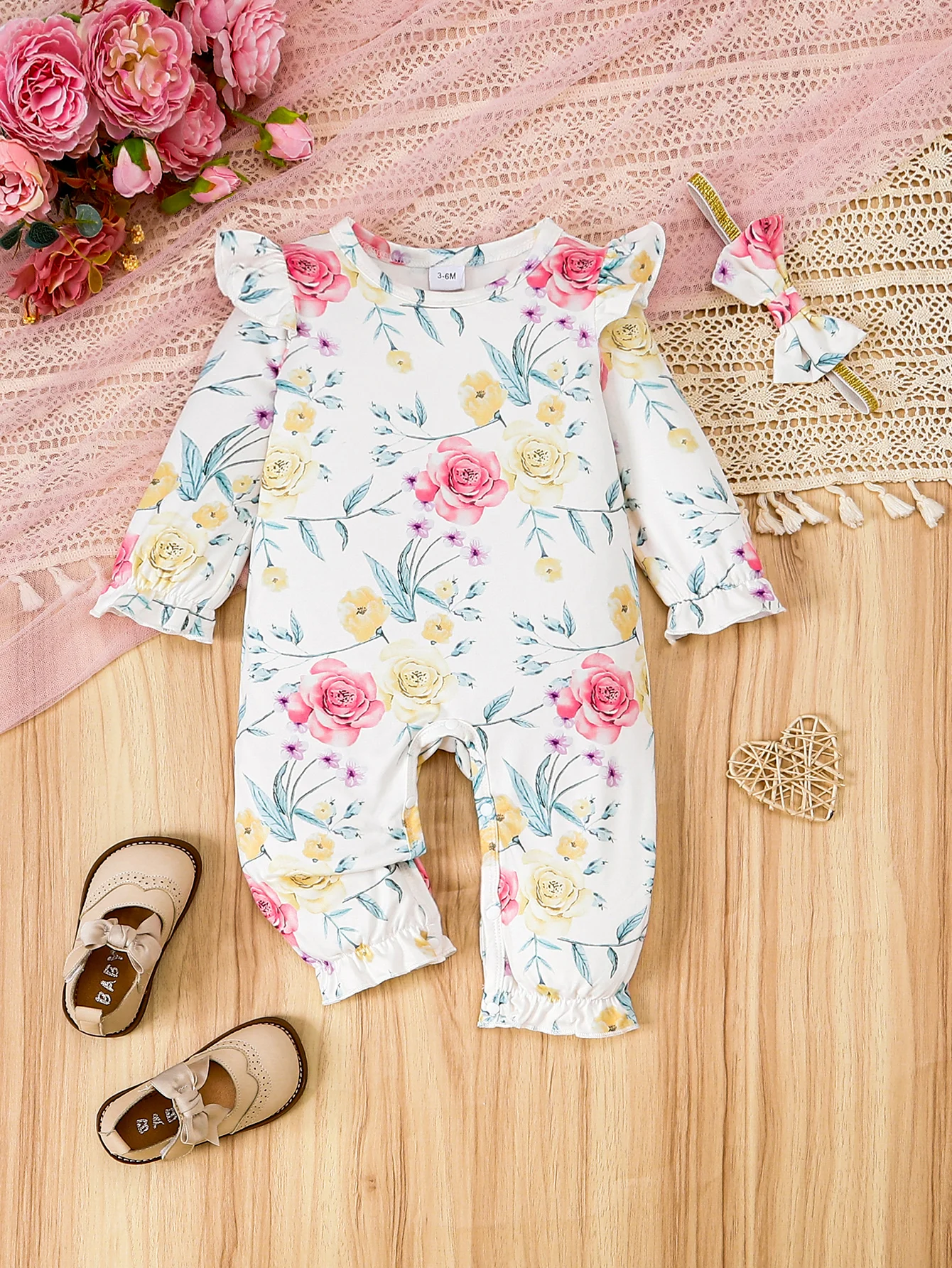 Watercolor Rose Print Ruffle Baby Girl Jumpsuit Long Leg Cuff Bodysuit Matching Coordinating Bow Hairband Cute Daily Photo Outfi