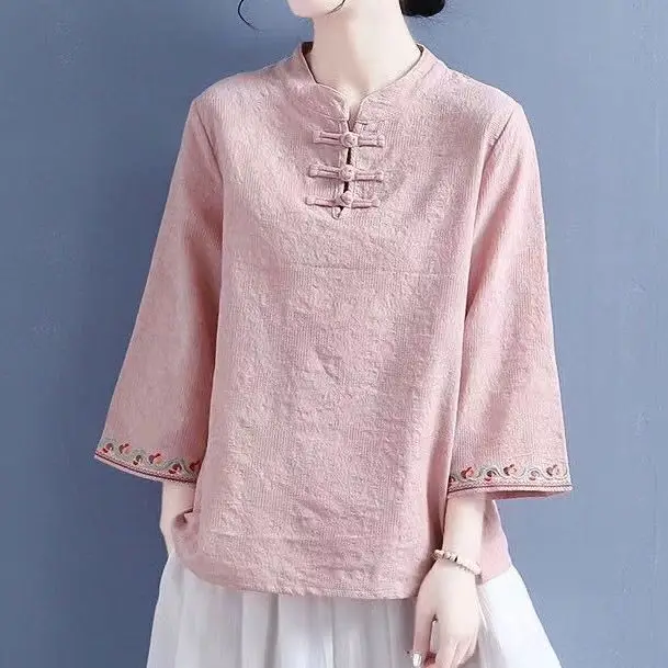 

Buttoned Shirt Cotton and Linen Embroidered New Retro Jacquard Top Stand Collar New Chinese Style