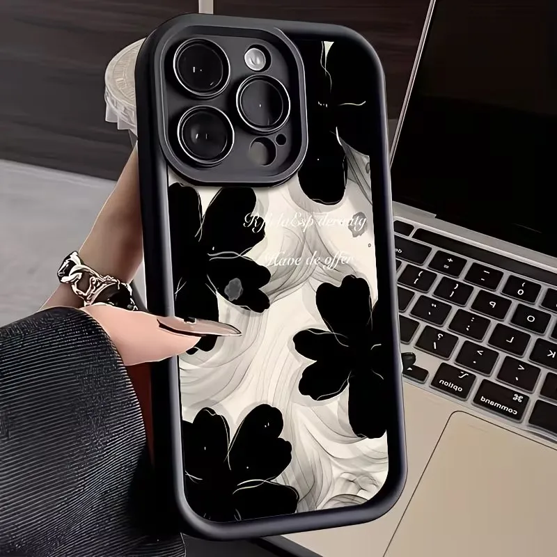 Black Ink Flower Soft TPU Airbag Phone Case For iPhone 17 16 15 14 13 12 11 Pro Xs Max Plus Air Mini XR X 17e 16e Back Cover