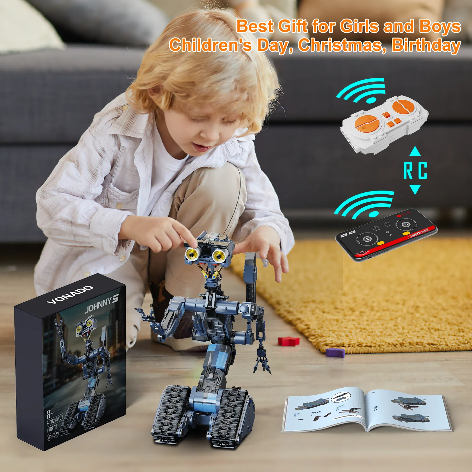 Johnny 5 Robot with Motor Model Building Blocks Set Shorts Open Circuited Figure Collection 1176 Pieces Bricks Toy Gift for Kids