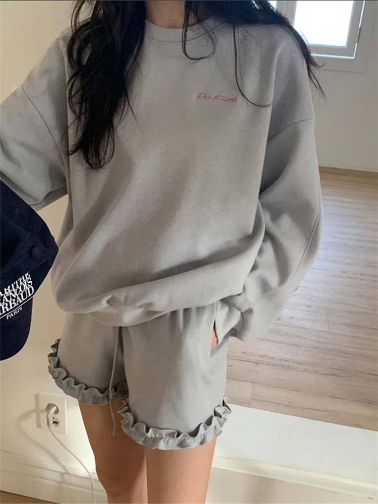 

2025 Oversize Solid Girls Summer Blouse Women Suit Long Sleeves Shirt Tops High Waist Wide Leg Trousers Two Piece Shorts Suits