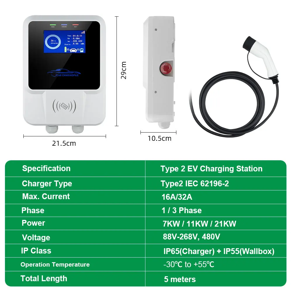 EVSUN estación de carga para coche eléctrico  cargador EV tipo 2  IEC62196-2  Control por aplicación Wifi 21KW  3 fases  caja de pared con Cable