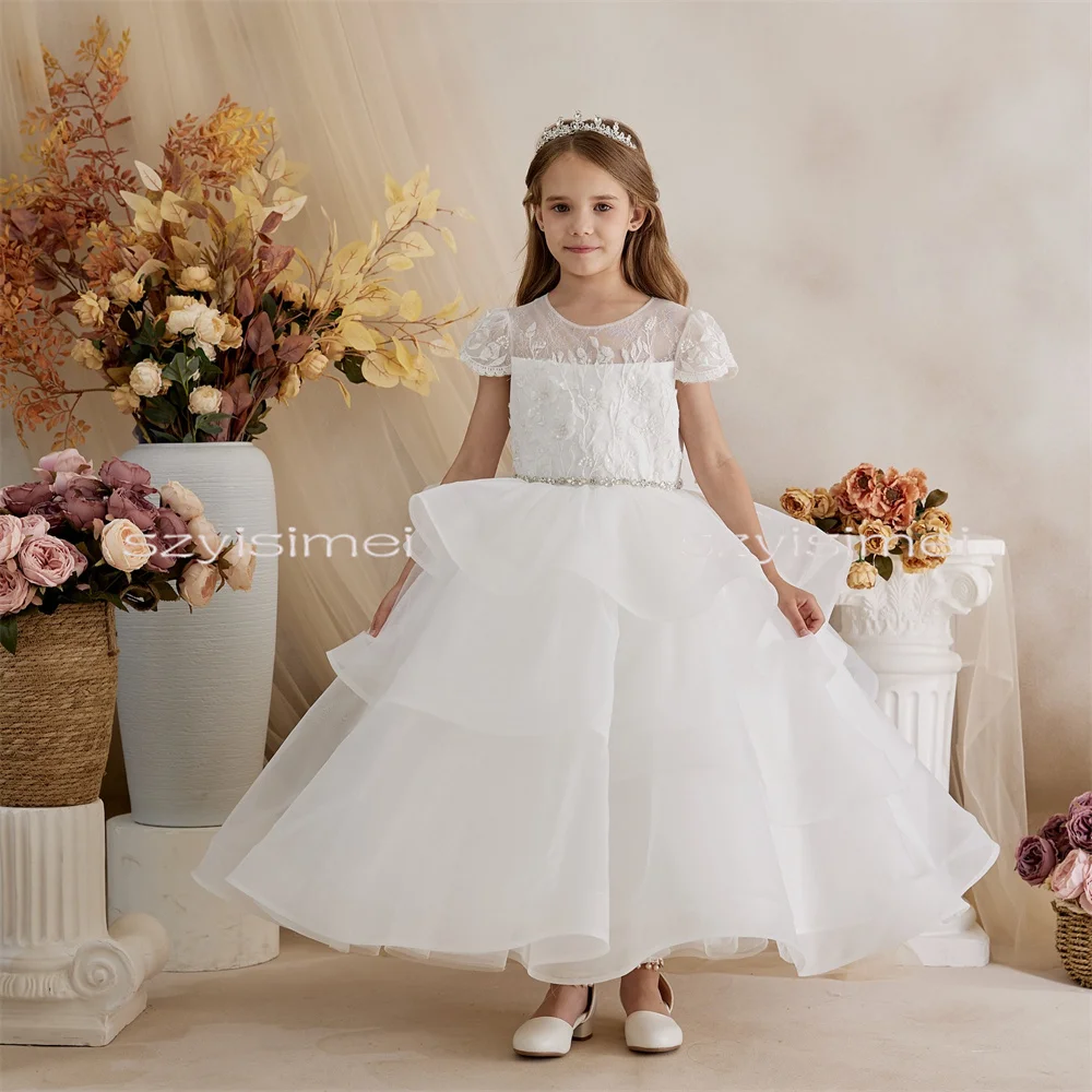 Kids Bridesmaid Flower Girl Dresses Short Sleeve White Ivory Lace Tulle with Bow for Wedding Guest And First Communion