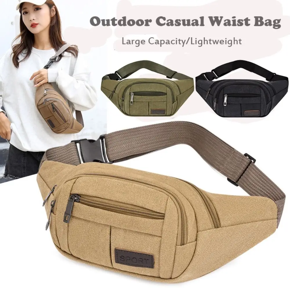 

New Canvas Men's Waist Bag Multi-layer Large Capacity Outdoor Chest Bag Running Phone Pouch Solid Color Fanny Pack