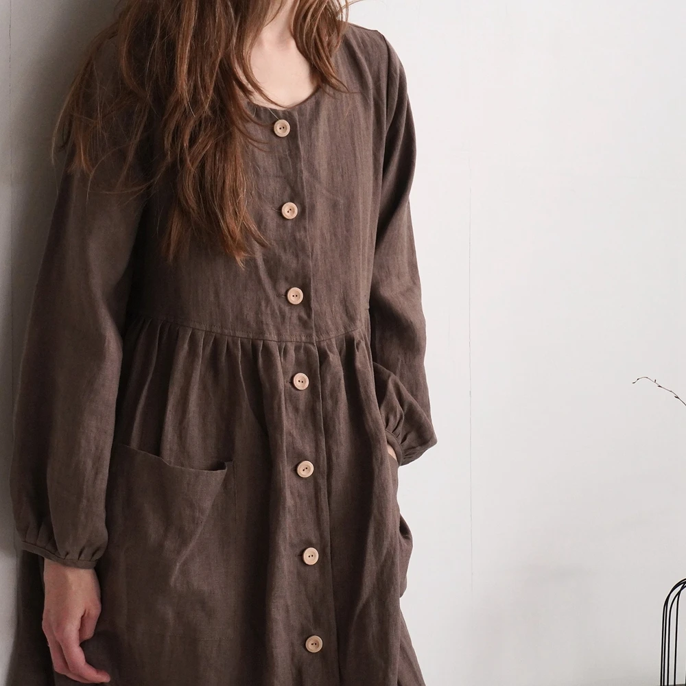 Vestido de maternidad de lino, corte holgado, con botones delanteros, marrón, Maxi, informal, de algodón, transpirable, ropa de maternidad, uso diario