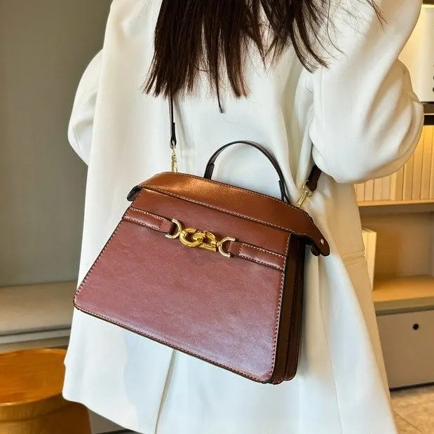 Retro Women's Shoulder Bag Large Capacity Solid Color Handbag, Minimalist Genuine Leather Tote with Adjustable Crossbody Strap