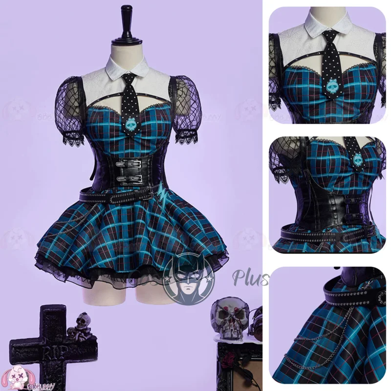 Disfraz de Monster Cos High Frankie Stein, disfraz gótico de Halloween, vestido a cuadros azul y negro, ropa de fiesta de Carnaval y Navidad
