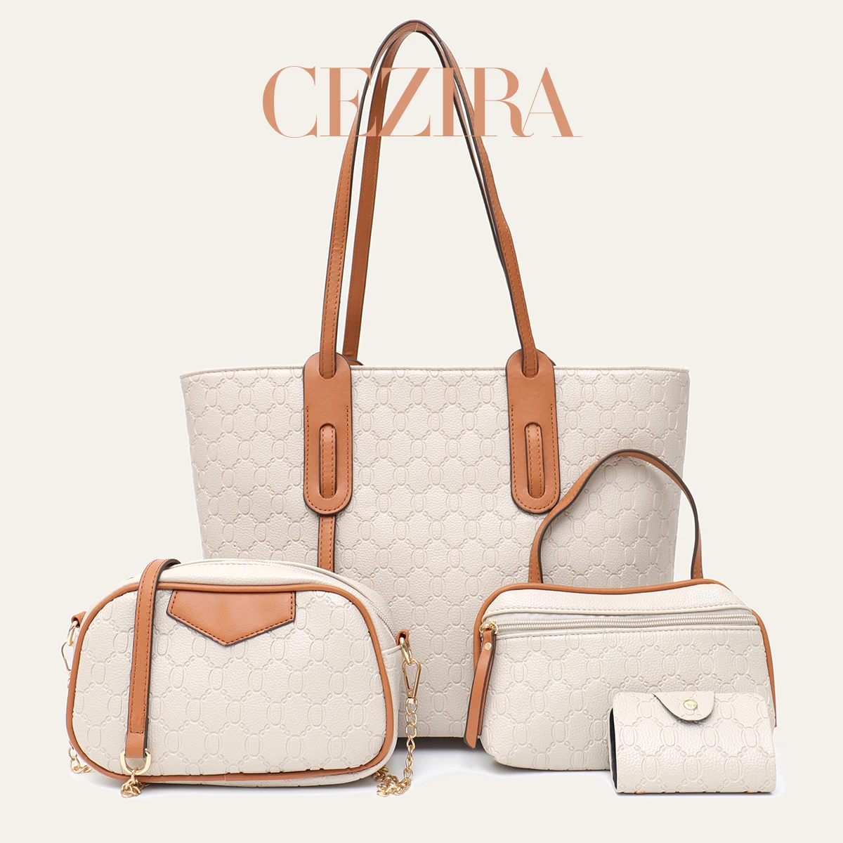 CR Women Classic Color Block PU Leather 4 Pieces Bag Set Large Capacity Commute Tote Bag Luxury Premium Material Travel Business