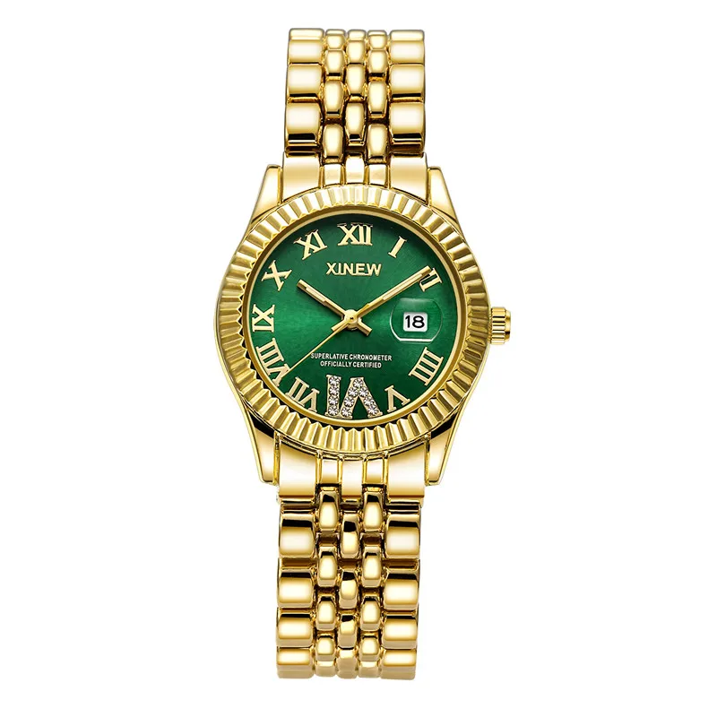 Orologio da donna d'oro di grande marca da donna, cinturino in lega casual, semplice orologio al quarzo con data Dourado, verde Relógios Feminino Fashions