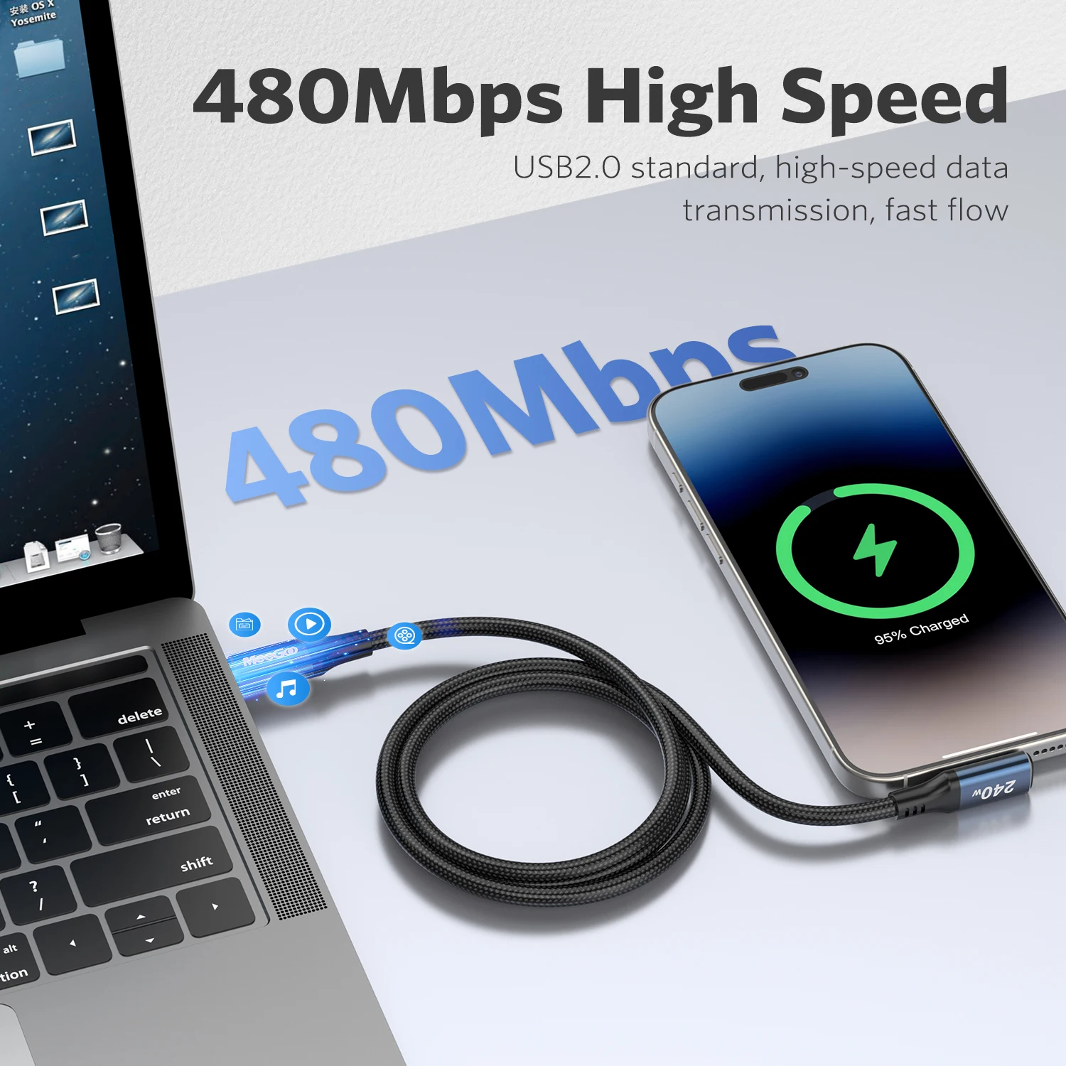 MeeGoo  240W USB Type C to USB C Cable PD Fast Charging Wire for Macbook Air iPad iPhone 15 Pro Max Xiaomi Dell HP 1/2/3M NEW