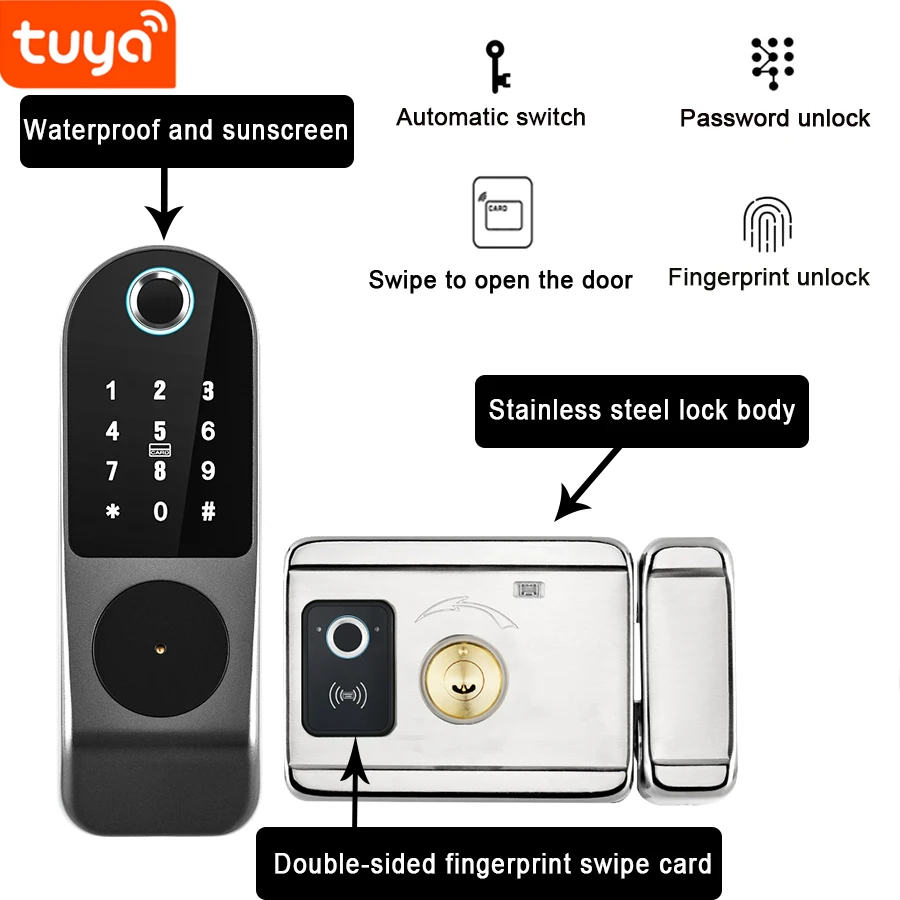 

Waterproof Outdoor Smart Lock For Wooden Metal Steel Gate Keyless Electric Rim Wifi Fingerprint Lock With Tuya Smart Life App