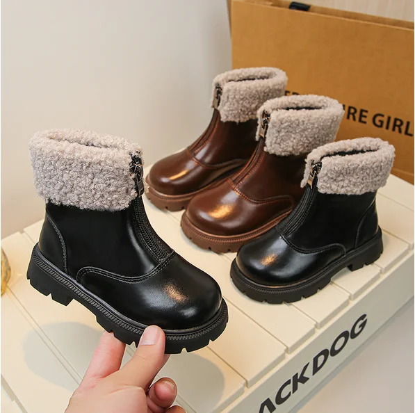 Children Winter Boots Solid Color Platform Front Zipper Kids Boots Mid-calf Fashion 26-36 Black Brown Unisex Boys Girls Shoes