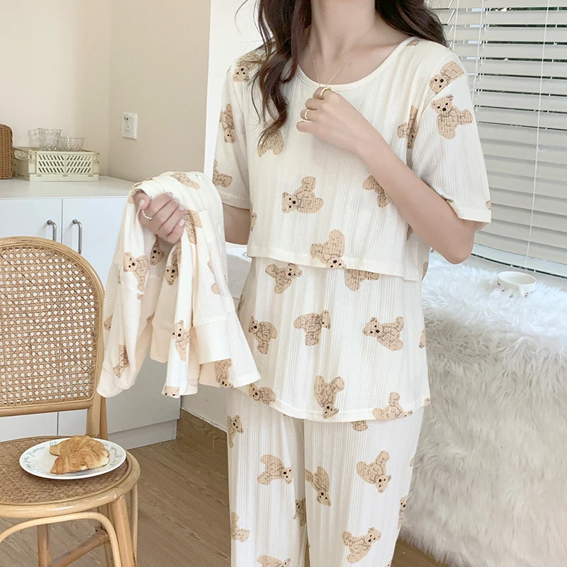 3pcs Set 6535 Cotton Maternity Nursing Sleepwear Spring Autumn Breastfeeding Pajamas Suit For Pregnant Women Pregnancy Nightwear