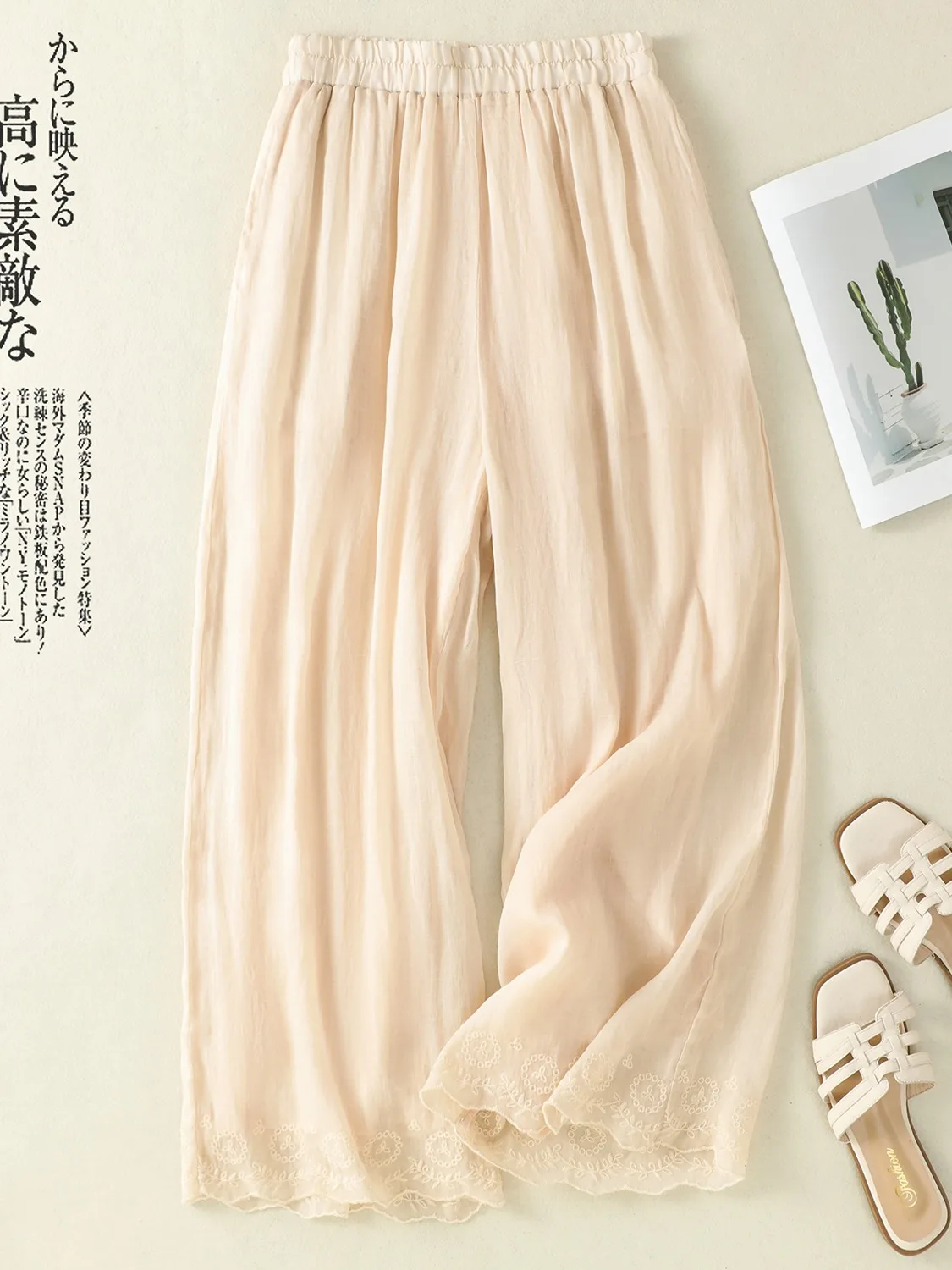 Verão fino confortável respirável cintura alta calças largas femininas algodão linho bordado renda guarnição solta ajuste perna reta...