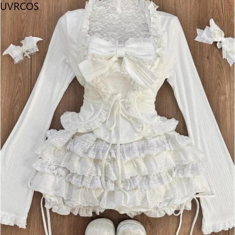 Japanese Sweet Lolita Style 3 Piece Sets Woman Cute Short Cardigan Bow Vest Y2k White Pleated Skirts Suit Gothic Kawaii Outfits