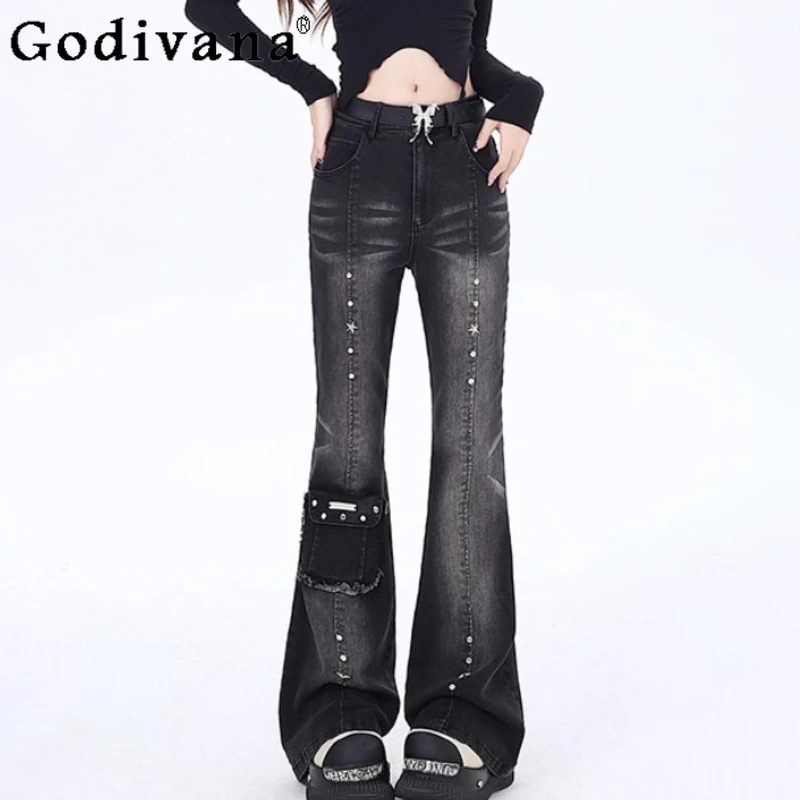Cool Female Summer Retro Sexy High Waist Black Gray Gothic Bootcut Jeans Fashion Age Reduction Versatile Slim Street Trousers