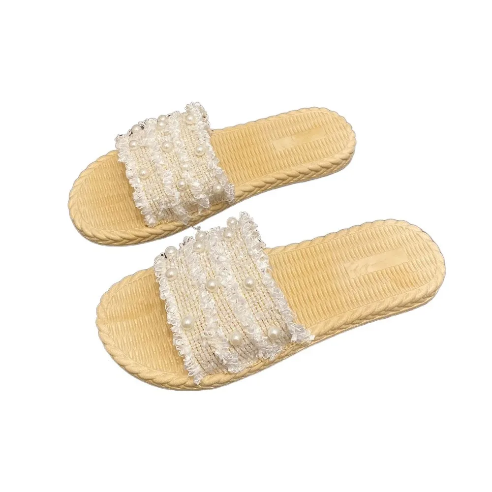 

Модные тапочки с открытым носком и жемчужной кисточкой, элегантные милые шлепанцы, сандалии, нескользящие летние тапочки в этническом стиле