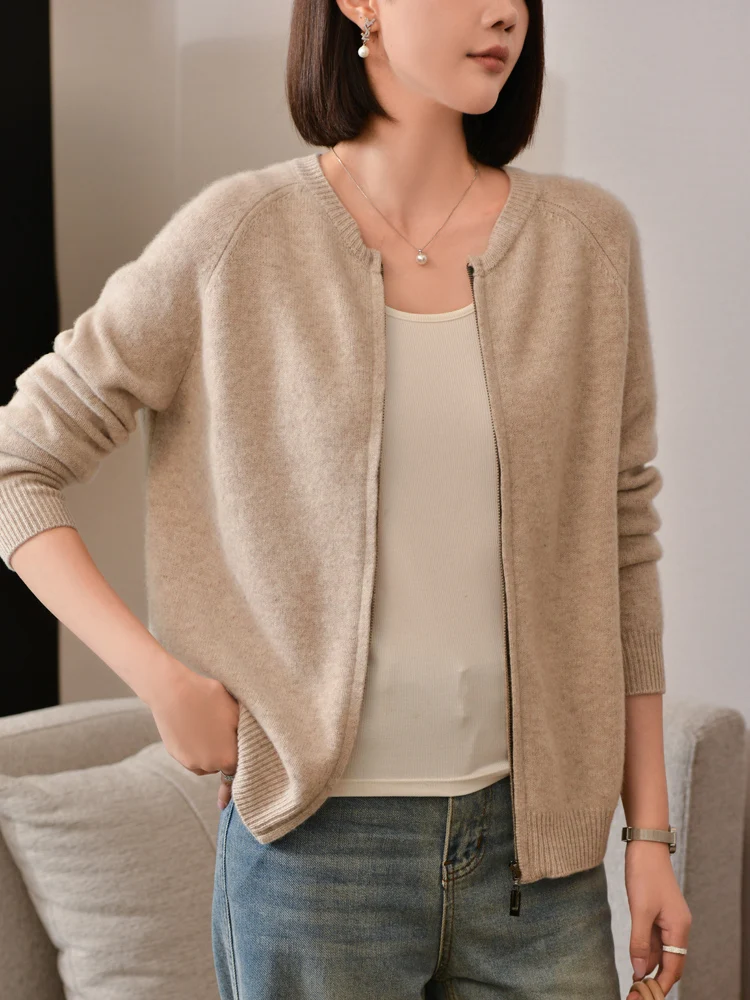 

Autumn Winter Women's Simple Style Zipper Cardigan O-neck 100% Wool Sweater Long Sleeve Soft Cashmere Knitwear Korean Tops