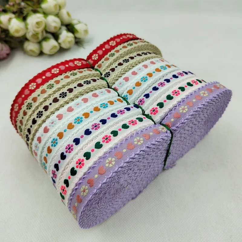 10Yards 1.4cm Flower Heart Design Cotton Wedded Lace Fabric Ribbons Fringe Jacquard Embroidered Webbings DIY Crafts Sewing Trim