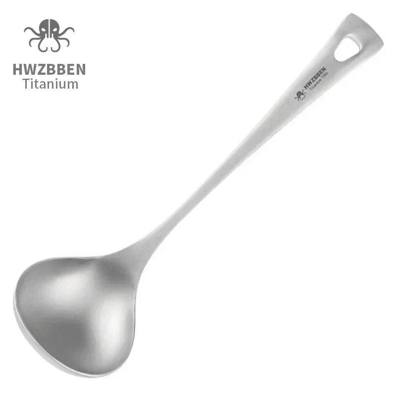 HWZBBEN Titanium Soup Spoons with Long Handle Portable Cooking Kitchen Tableware Hanging Hole Dinnerware Multifunction Spoon