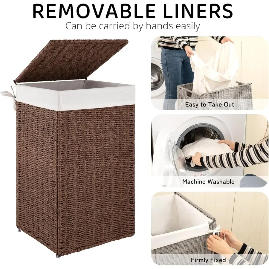 سلة غسيل من الخيزران قابلة للطي مع غطاء وحقيبة بطانة قابلة للإزالة سعة 17.2 جالون 65 لتر سلة ملابس منسوجة يدويًا بمقابض متينة f #3