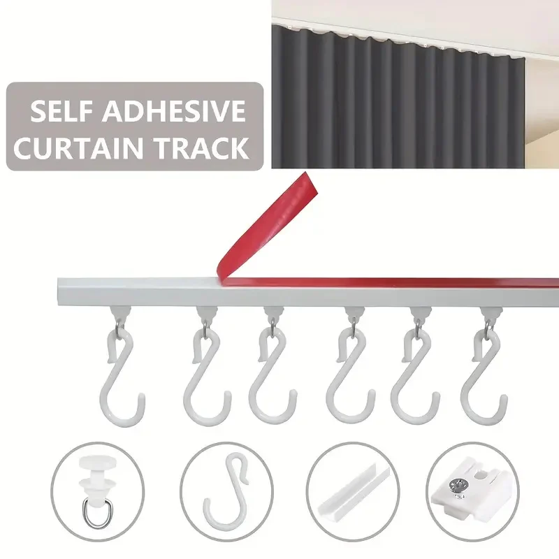 Self-Adhesive Curtain Track Kit Easy-Install Plastic Rod with Hooks For Bedroom Shower Closet And RV No Drilling Or Tools Needed