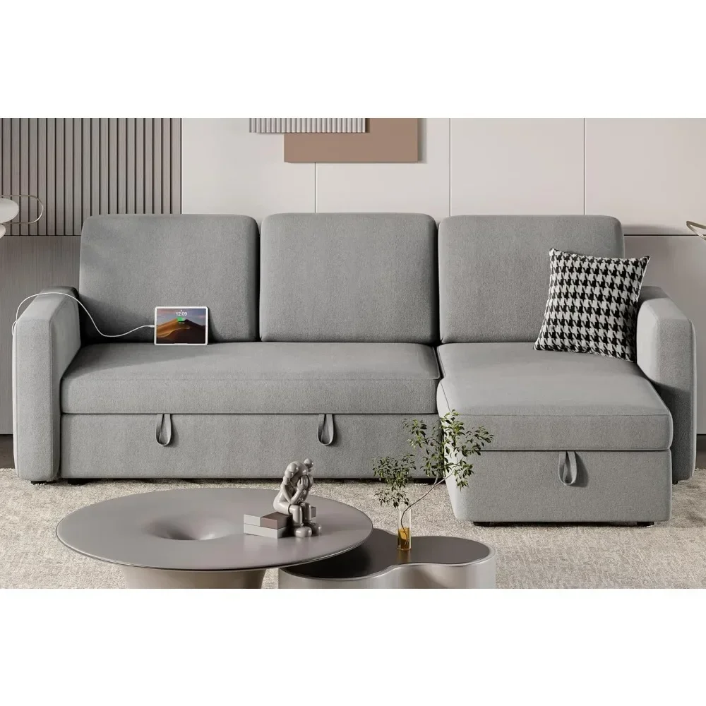 Sectional Sofa L-Shaped Sofa Couch Bed w/Chaise & USB, Reversible Couch Sleeper 4-seat Fabric Convertible Sofa, Pull Out Couch