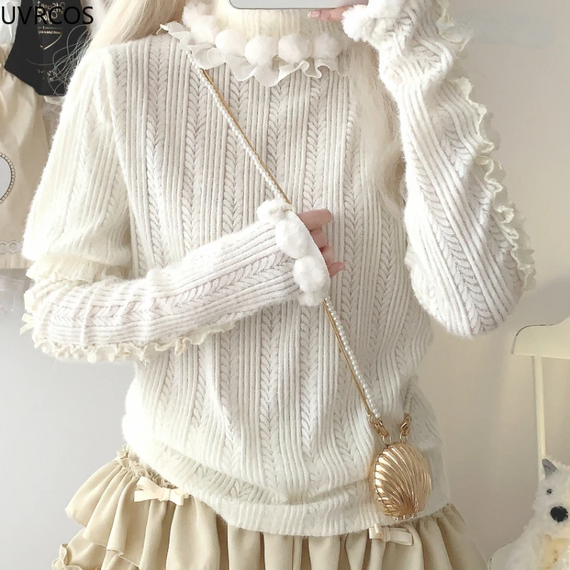 Pink Japan Kawaii Lolita Knitted Sweater Women Sweet Plush Ball Turtleneck Pullover Female Vintage Elegant Slim Knit Jumpers Top