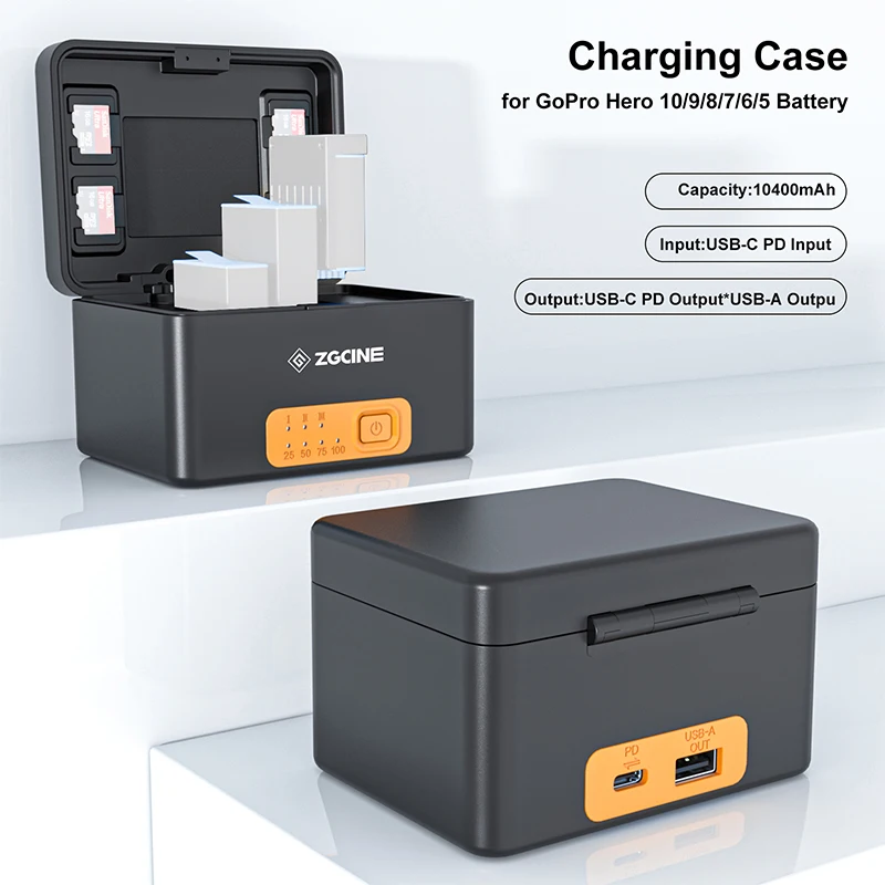 

ZGCINE 10400mAh Smart Battery Charger Box For GoPro 10 9 8 7 6 5 Case Power Bank 3 TF Card Reader Storage USB-A C Charging Cable