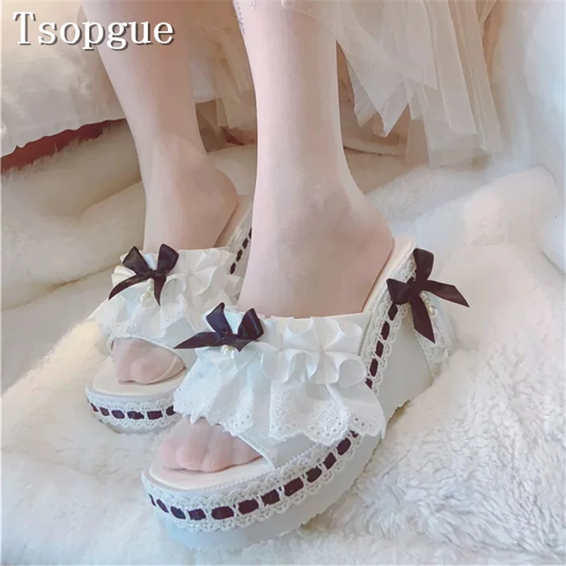 White Ruffled Lace Black Bow Lolita Mules Open Toe Platform Wedge Slide Sandals Princess Style Bridal Prom Summer Dress Shoes