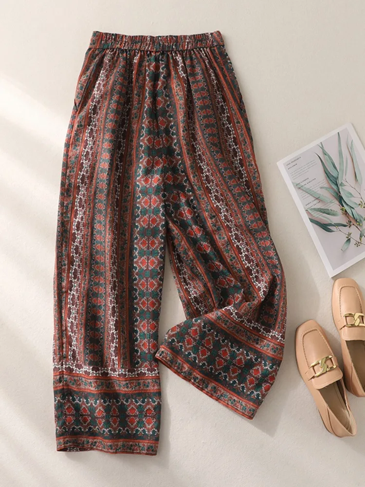 

Ethnic Style Wide Leg Pants Women's Summer Thin High Waist Loose Linen Casual Straight Large Size Nine Point Pants