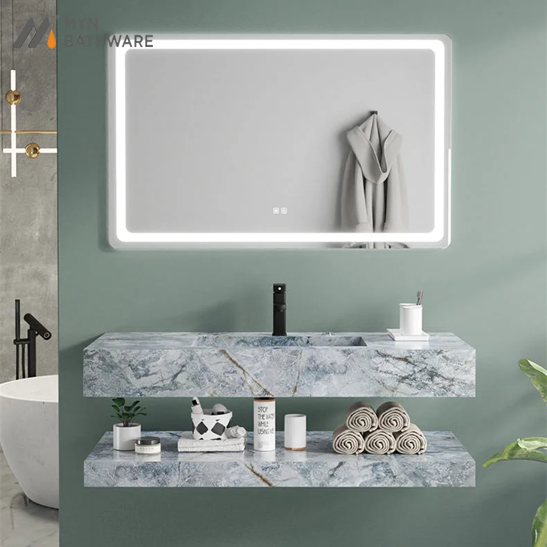 Modern New Sintered Stone Wall Mounted Light Mirrored Cabinets Bathroom Vanity Wash basin Sink Set