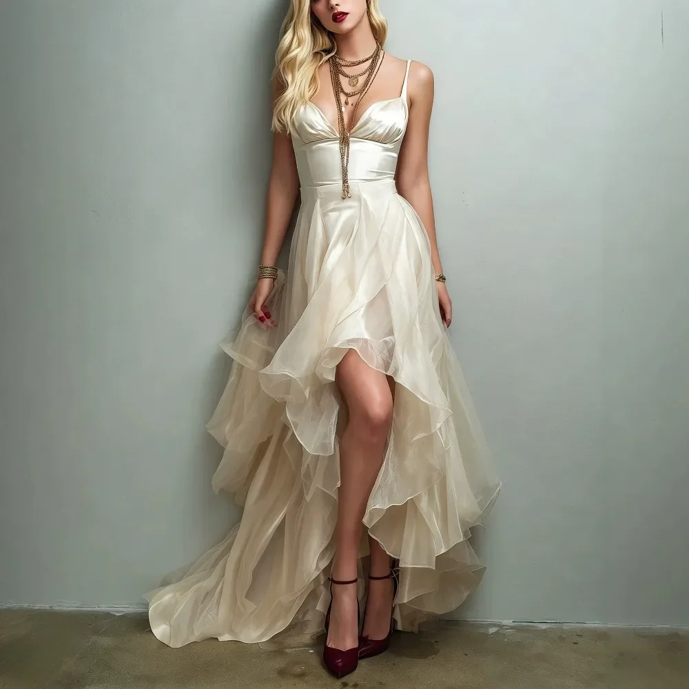 Women Summer New European American Satin Cami Evening Gown Deep V High Waist Irregular Tulle Flared Maxi Dress